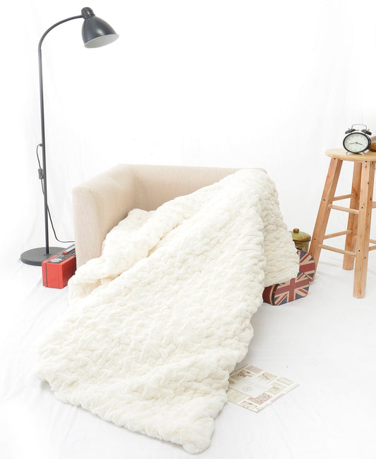 Happycare Tex Luxury Quilted Faux Fur Throw Blanket, 50" by 60", Ivory/White